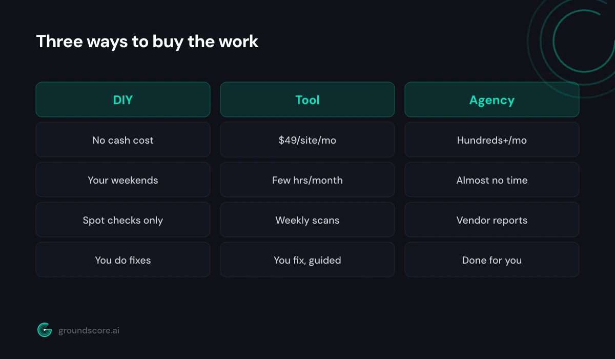 Comparison of DIY, monitoring tool, and agency paths for AI search help